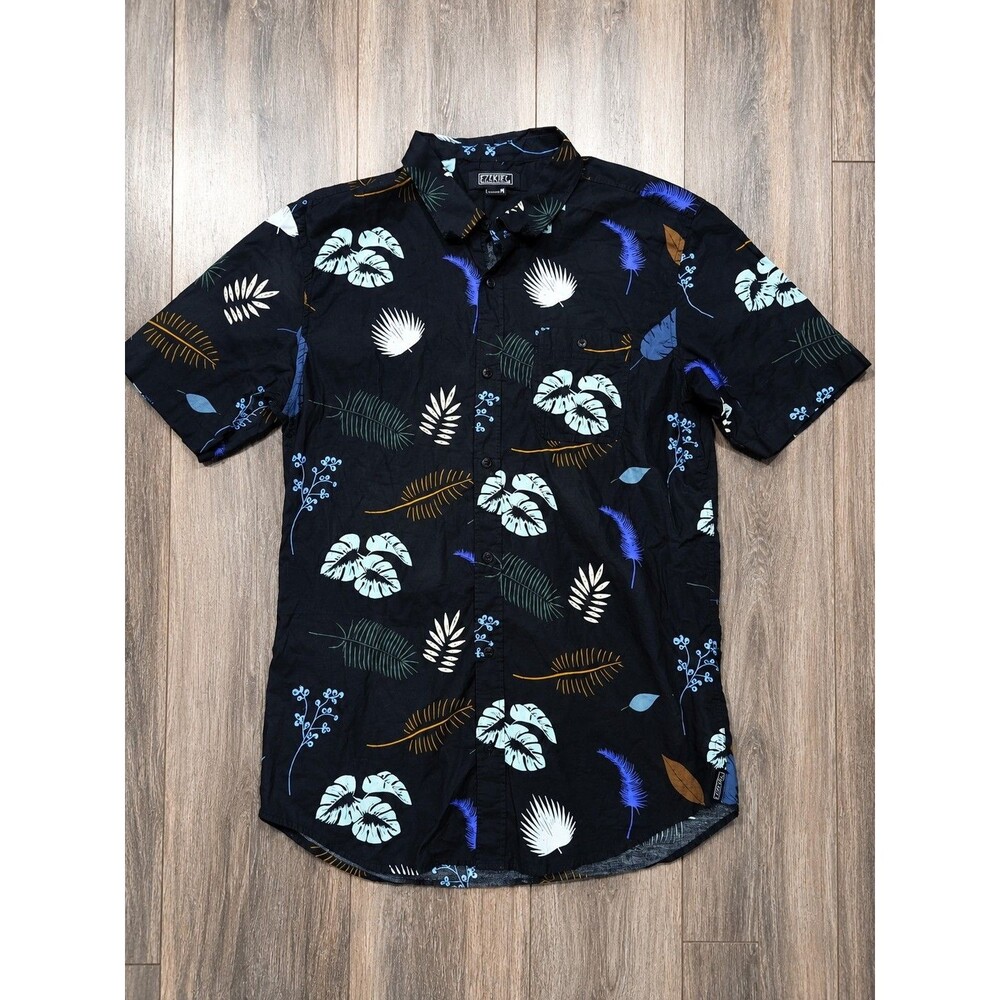 Ezekiel XL Black Tropical Floral Hawaiian Camp Shirt Button Up Short Sleeve